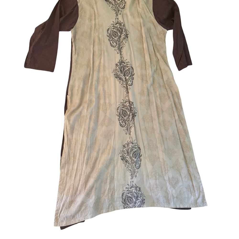 Vintage Brown & Cream Embroidered Kaftan Kurta Maxi Dress with Blue & Pink XL - Picture 4 of 8